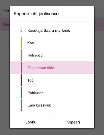 Menüü „Kopeeri leht jaotisesse” Androidi jaoks loodud OneNote’is