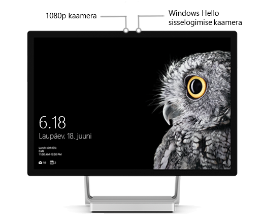 pilt Surface Studio kuvarist, kus sildid näitavad kahe kaamera paigutust ekraani ülaosas keskel