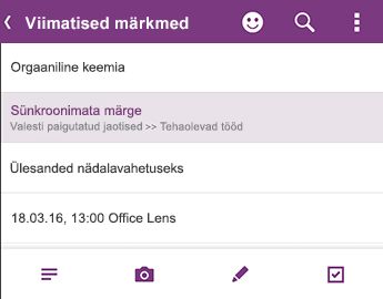 Loend „Viimatised märkmed” Androidi jaoks loodud OneNote’is