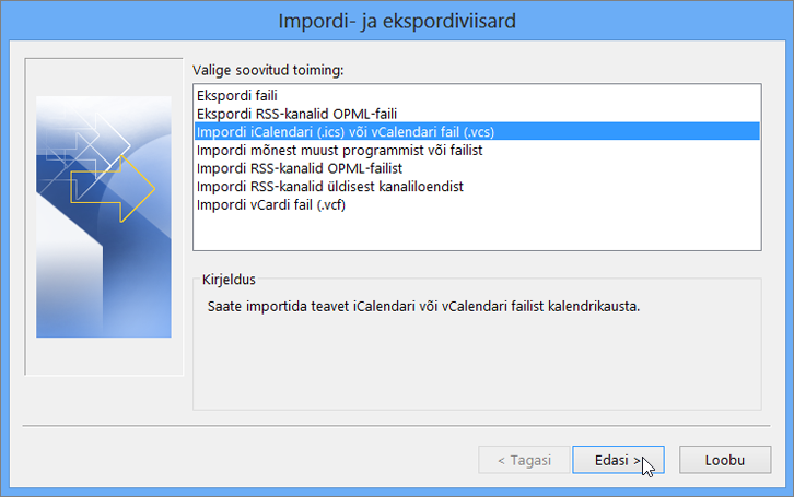 Valige Impordi iCalendari või vCalndari fail.