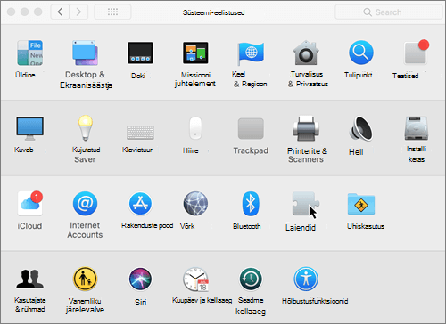 Maci süsteemieelistuste kuvatõmmis