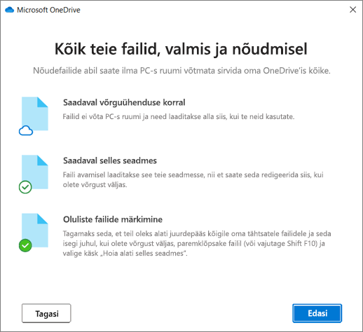 Viisardi "Tere tulemast OneDrive'i" kuva "Nõudmisel failid"