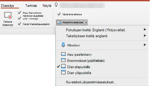 Kuvatekstien ja tekstitysten asetukset ovat PowerPointin Diaesitys-välilehdessä.