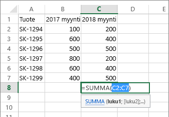 Automaattinen summa -painikkeen automaattisesti havaitsema solualue