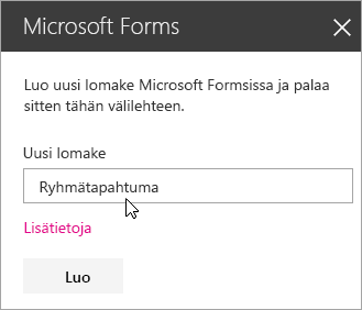 Microsoft Forms -WWW-osapaneeli uutta lomaketta varten.