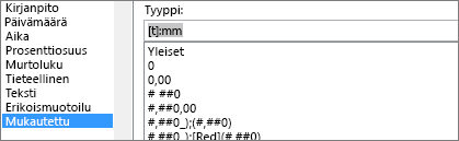 Muotoile solut -valintaikkuna, Mukautettu-komento, [h]:mm-tyyppi