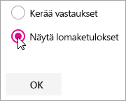 Microsoft Forms -WWW-osan valinta lomakkeen tulosten näyttämistä varten.