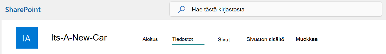 SharePoint-sivuston yläpalkin valikko, jossa Tiedostot-vaihtoehto on valittuna.