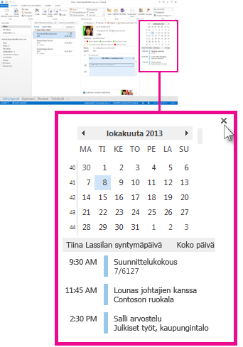 Poista pikanäkymä -komento kiinnitetyssä kalenterin pikanäkymässä
