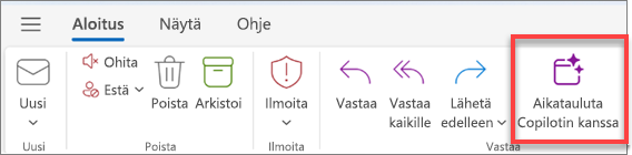 Näyttää Outlookin työkalurivin, jossa Ajoita Copilotilla -painike on korostettuna.