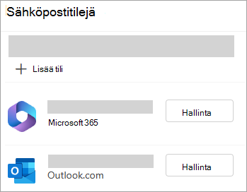 Näyttökuva Asetukset-ikkunasta, jossa näkyy vaihtoehto Tilien hallinta uudessa Outlookissa