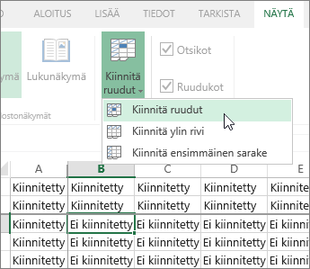 Näytä-välilehti, Ruutujen kiinnittäminen -valikko, Kiinnitä ruudut -komento