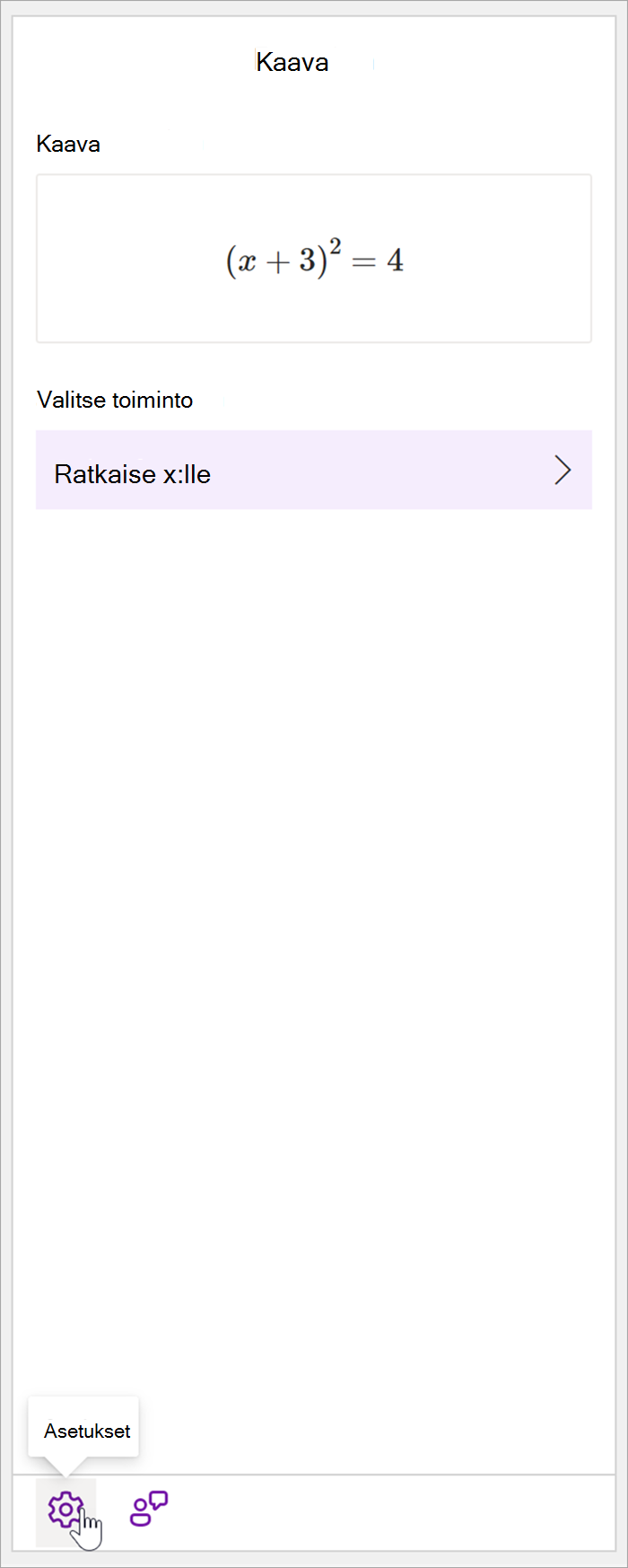 näyttökuva onenote-työpöydän matemaattisesta ruudusta, jossa on kaava (x+3)^2=4. Valitse toiminto -osassa ainoa käytettävissä oleva toiminto on Ratkaise fore x.