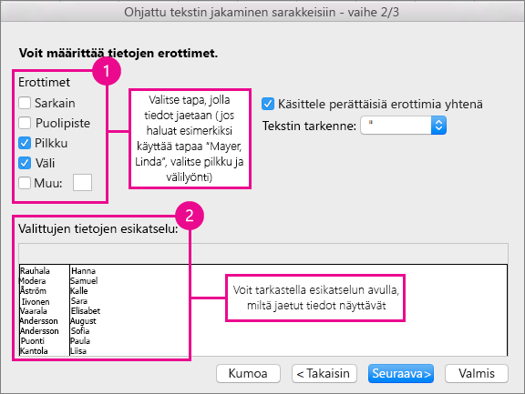 Ohjatun toiminnon vaihe 2 – Valitse kohdassa Erottimet, kuinka tiedot jaetaan; kohdassa Esikatselu näytetään tietojen esikatselu