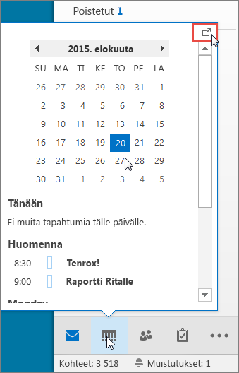 Kalenterin pikanäkymä, jossa näkyy Kiinnitys-kuvake korostettuna