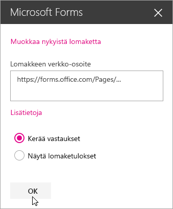 Kun uusi lomake on luotu, Microsoft Forms -WWW-osapaneelissa näkyy lomakkeen verkko-osoite.