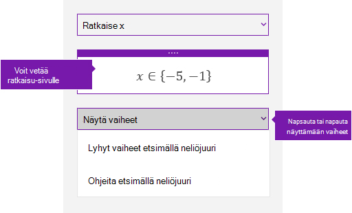 Näytä vaiheet -painike Matematiikka-tehtäväruudussa