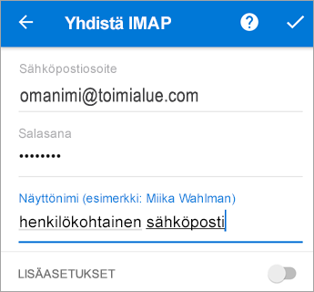 Anna salasanasi ja mahdollisesti tarvitsemasi palvelimen asetukset.