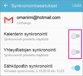 Synkronointi käytössä