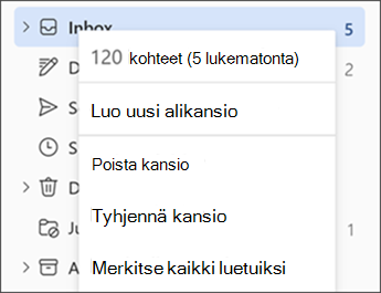 Näyttökuva, jossa näkyy valikko, kun napsautat kansiota hiiren kakkospainikkeella