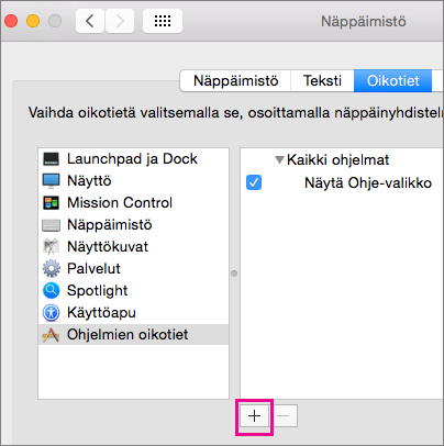 Office 2016 for Macin mukautetut näppäinoikotiet