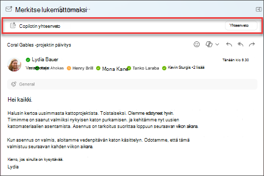 Luo yhteenveto sähköpostiketjusta valitsemalla Luo yhteenveto Copilotilla.