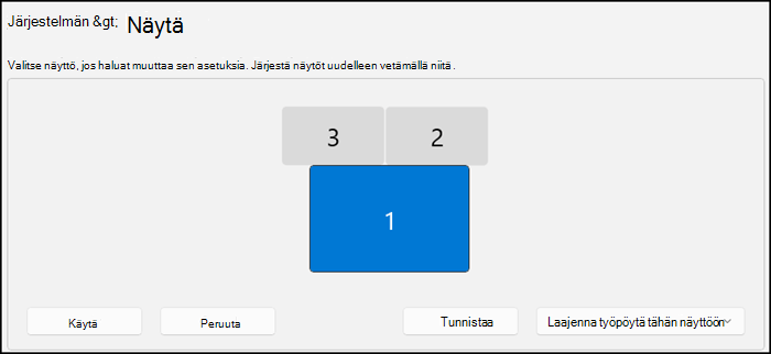 Näyttää Näyttölaitenäytön osion, joka osoittaa, miten näyttösi on järjestetty. Tekstissä sanotaan, että voit muuttaa sen asetuksia valitsemalla näytön tai järjestää ne vetämällä näyttöjä.