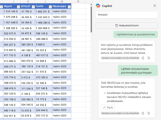 Näyttökuva tietojen lajittelemisesta Copilotin avulla Excelissä.