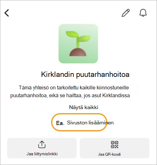 Lisää sivustolinkki valitsemalla Lisää linkki yhteisön kuvauksessa.