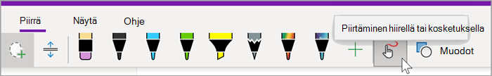 näyttökuva OneNote for Windows 10:n piirrä-välilehdestä, jossa hiiren osoitin on Piirrä hiirellä tai kosketuksella -painikkeen päällä