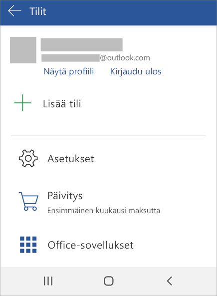 Näyttää Kirjautuminen ulos Officesta -vaihtoehdon Android-laitteessa