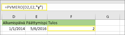 =PVMERO(D2,E2,"y") ja tulos: 2