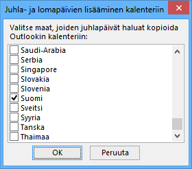 Maan tai alueen juhlapäivävalinnan valintaikkuna