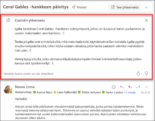 Copilotin luoma sähköpostiketjun yhteenveto, jossa on lainauksia.