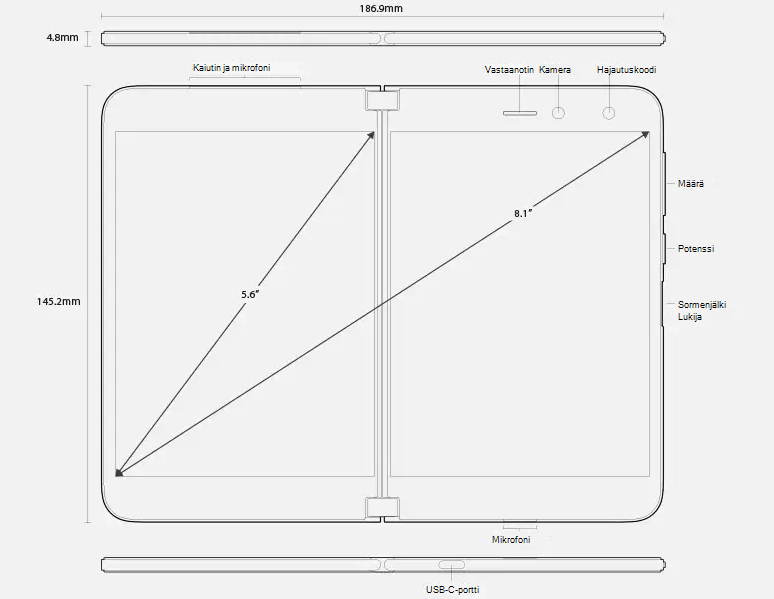 Näyttää Surface Duon mitat ja ominaisuudet, kun laite on auki.