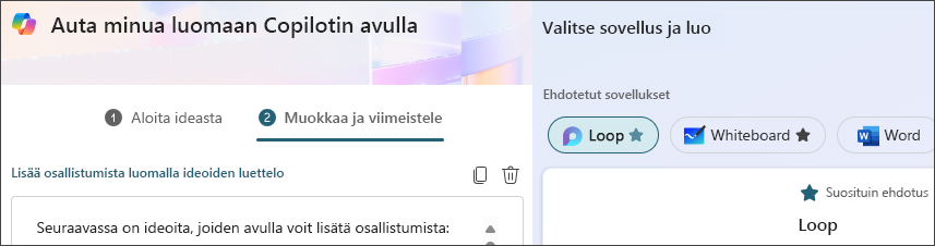 Suositeltu sisältö ja ehdotetut sovellukset Auta minua luomaan -toiminnossa.