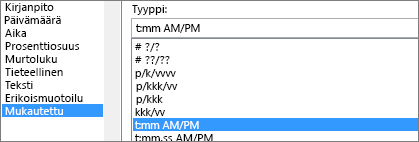 Muotoile solut -valintaikkuna, Mukautettu-komento, h:mm AM/PM -tyyppi