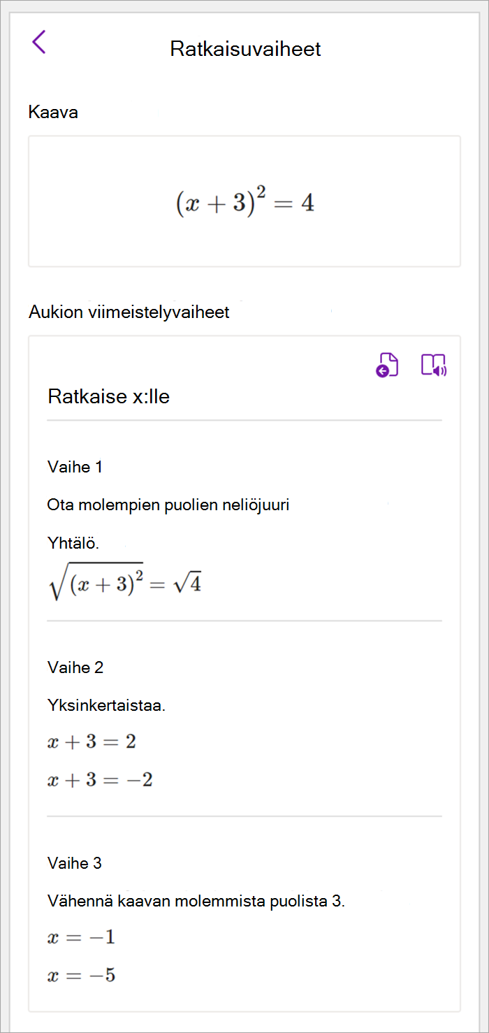 Näyttökuva OneNoten työpöytäversion matemaattisesta ruudusta. Ratkaisuvaiheet näytetään x:n ratkaisemiseen neliömäistä menetelmää käytettäessä.