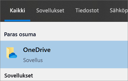 Näyttökuva OneDrive-työpöytäsovelluksen etsimisestä Windows 10:ssä