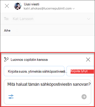 "Mitä haluat tämän sähköpostiviestin sanovan" -teksti Luonnostele Copilotilla -kohteelle Outlookissa