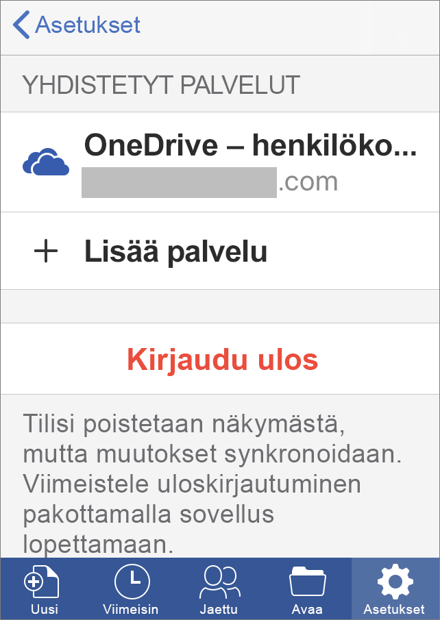 Näyttää Kirjautuminen ulos -vaihtoehdon Office for iOS:ssä