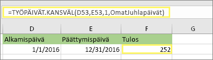 =TYÖPÄIVÄT.KANSVÄL(D53,E53,1,MyHolidays) ja tulos: 252