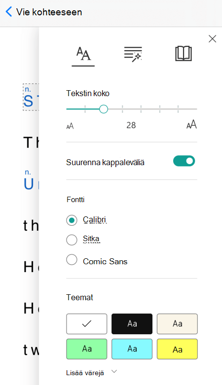 Immersive Readerin tekstiasetusten valintaikkuna Microsoft Lens for iOS:ssä.