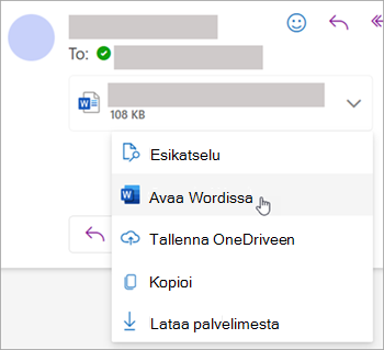 Näyttökuva, jossa näkyy avattava valikko liitteen avaamiseksi Word