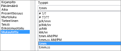 Muotoile solut -valintaikkuna, Mukautettu-komento, h:mm-tyyppi