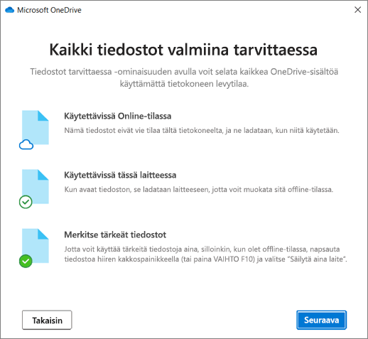 Tiedostot tarvittaessa -näyttö ohjatussa Tervetuloa OneDriveen -toiminnossa