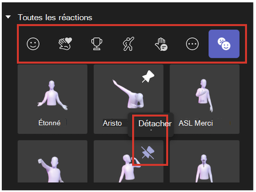 Interface utilisateur des réactions et de l’épinglage dans l’application Avatar