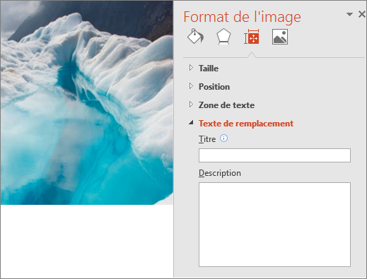 Ancienne image d’un lac glacé avec la boîte de dialogue Format de l’image sans texte de remplacement dans la zone Description.