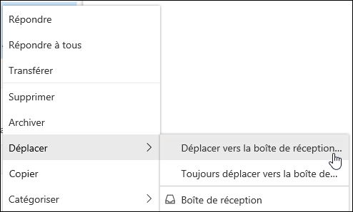 Une capture d’écran montre le menu contextuel avec les options Déplacer vers la boîte de réception Prioritaire et Toujours déplacer vers la boîte de réception Prioritaire.