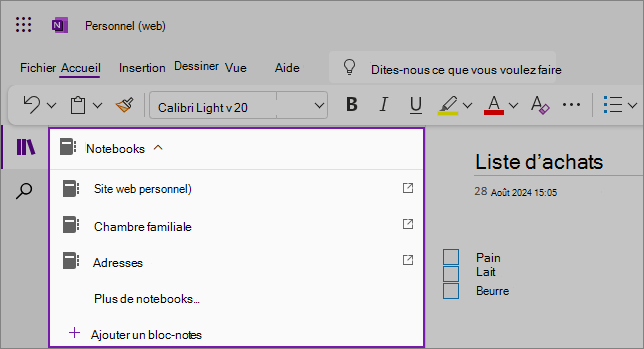 Capture d’écran de la liste déroulante des blocs-notes OneNote